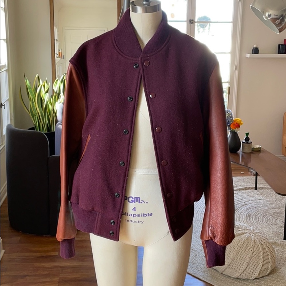 Burgundy leather and wool varsity jacket by Unis